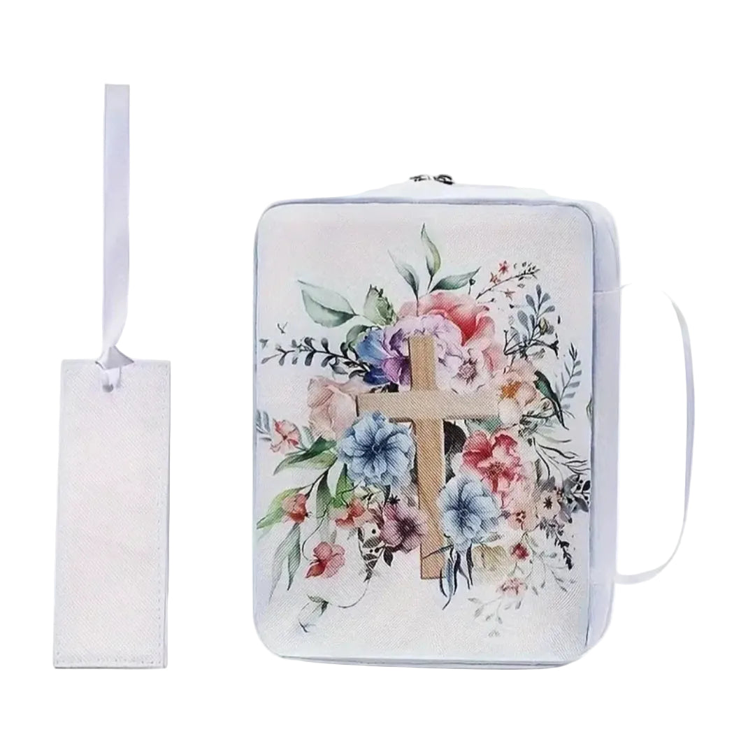 White Cross Floral Bible Cover with Blue Lining