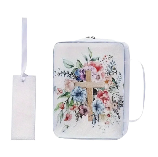 White Cross Floral Bible Cover with Blue Lining
